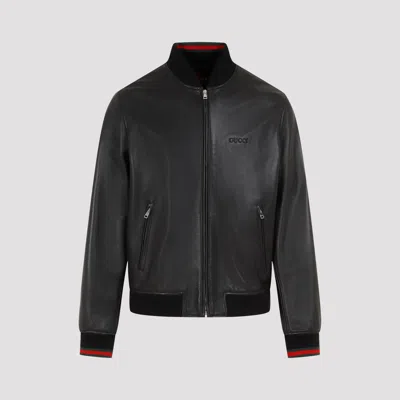 Gucci Luxurious Black Leather Bomber Jacket