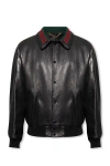 GUCCI LUXURIOUS BLACK LEATHER BOMBER JACKET WITH WEB STRIPED DETAIL FOR MEN