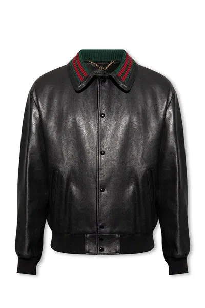Gucci Web-collar Leather Bomber Jacket In Black