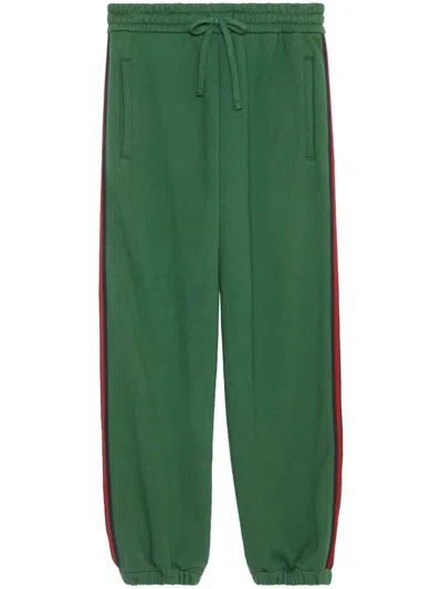 Gucci Luxurious Cotton Track Pants With Iconic Embroidered Logo And Web-stripe Trim In Green