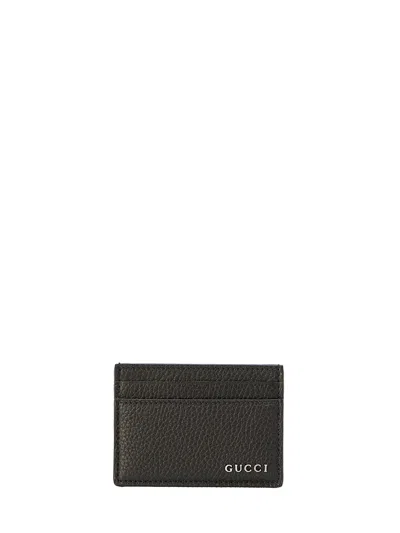 Gucci Luxurious Grained Leather Cardholder With Silver-tone Logo For Men In Black