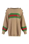 GUCCI LUXURIOUS WOOL SWEATER WITH LEATHER KNOT BUTTONS AND GREEN-RED-GREEN WEB DETAIL