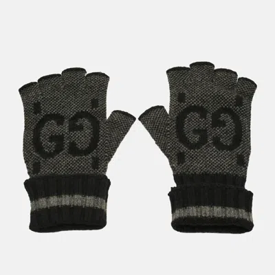 Pre-owned Gucci M Fingerless Gloves Grey/black Gg Cashmere In Gray