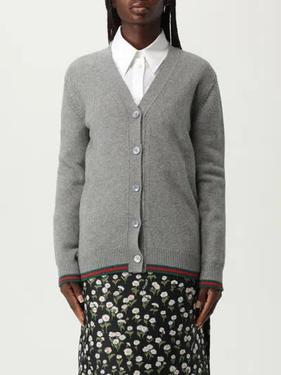 Gucci Wool And Cashmere Cardigan With Web Band In Gray
