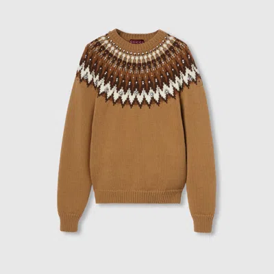 Gucci Embellished Wool Jacquard Sweater In Brown