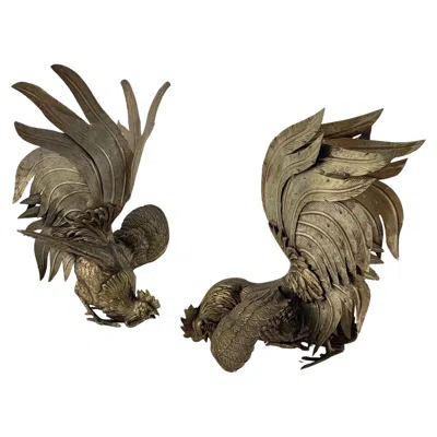 Pre-owned Gucci Magnificent Pair Of Brass Foraging Roosters, Italy, 1950s – Attributed To  In Brown