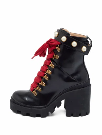 Pre-owned Gucci Magnum Pearl-embellished Ankle Boots In Black