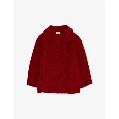 Gucci Kids' Malbec Peter-pan Monogram Woven Jacket 8-12 In Red