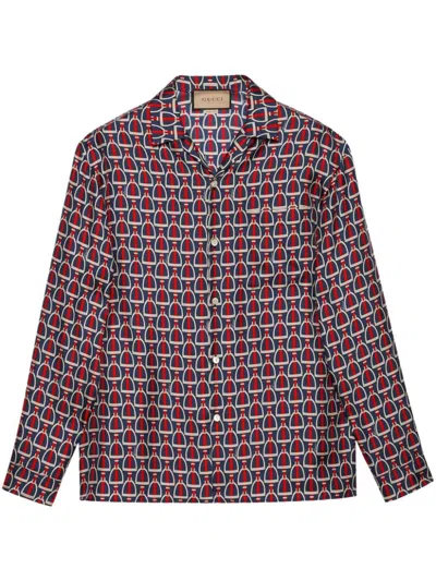 Gucci Horsebit-print Silk Shirt In Blue/red/mc