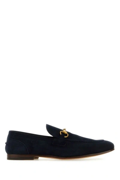 Gucci Man Navy Blue Suede Loafers In Brown