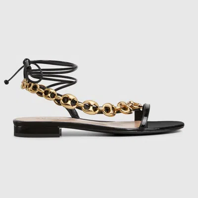 Gucci Black Leather Chain Sandals