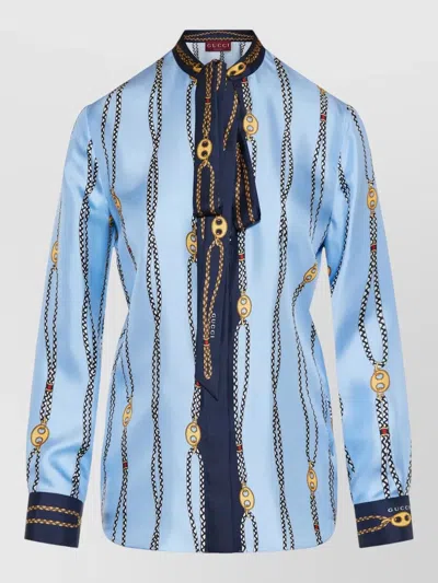 Gucci Marina Waves Shirt Bow Chain Cuffs In Blue