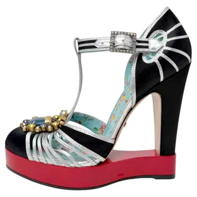Pre-owned Gucci Mariska Platform Heels Ss17 Runway Embellished T Strap Size 37.5 In Gray