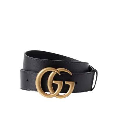 Pre-owned Gucci Marmont Antique Brass-tone Gg Buckle 1.5in Wide Black Belt