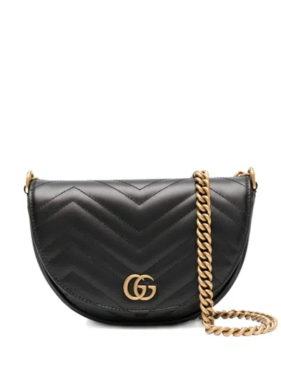 Pre-owned Gucci Marmont Chevron-quilted Crossbody Bag In Black