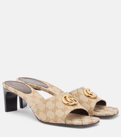 Gucci Marmont Double G Gg Canvas Mules In Sand