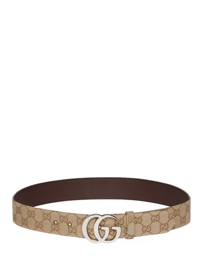 Gucci Marmont Double G Gg Fabric Belt With Silver-tone Buckle In Brown