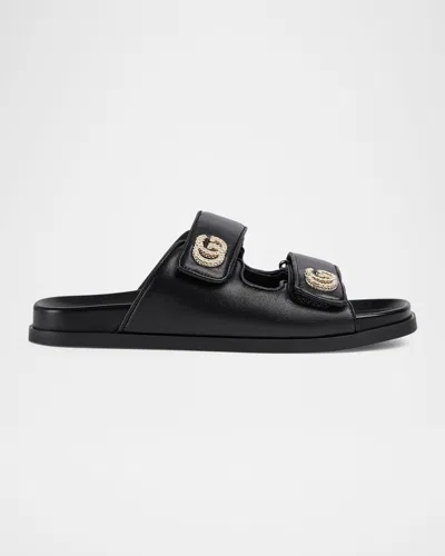 Gucci Marmont Embellished Gg Double Strap Slide Sandals In Black