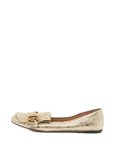 Pre-owned Gucci Marmont Fringe Ballet Flats In Gold