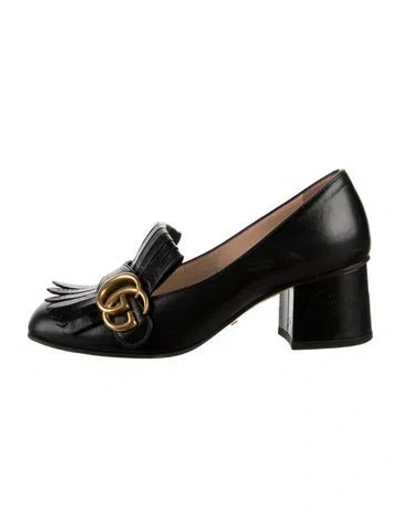Pre-owned Gucci Marmont Fringe Loafer Mid-heel Pump Running Gg Logo Pumps In Black