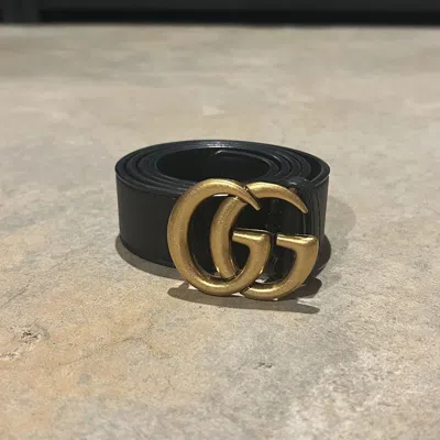 Pre-owned Gucci Marmont Gg Gold Buckle Calfskin Leather Thin Belt In Black