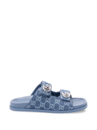 Gucci Women Laser Gg Denim Sandals With All-over Gg Motif In Blue