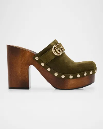 Gucci Marmont Gg Suede Platform Clogs In Dark Green