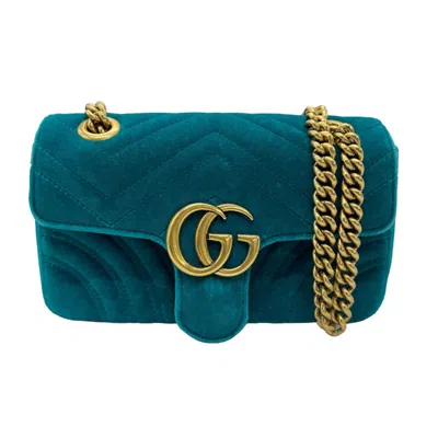 Gucci Marmont Green Velvet Shoulder Bag () In Blue