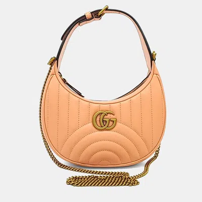 Pre-owned Gucci Marmont Half Moon Orange Leather Mini Shoulder Bag (699514)