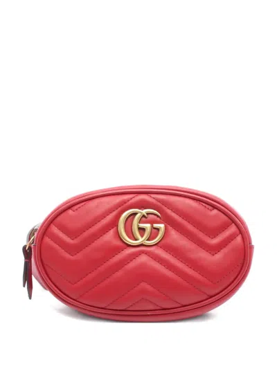 Pre-owned Gucci Marmont Interlocking-gg Leather Belt Bag In Red