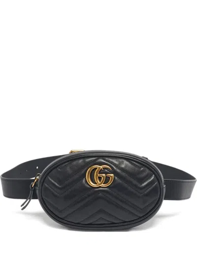 Pre-owned Gucci Marmont Leather Belt Bag In Black