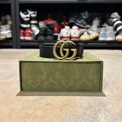 Pre-owned Gucci Marmont Leather Belt With Gold Gg Buckle In Black