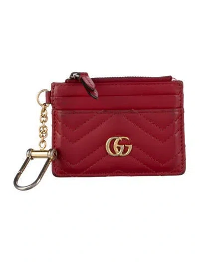 Pre-owned Gucci Marmont Leather Card Holder Double G Logo Wallet In Red