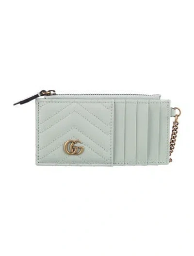 Pre-owned Gucci Marmont Matelassé Card Case Double G Logo Wallet In Green