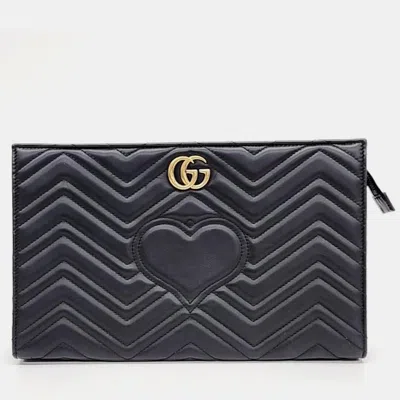 Pre-owned Gucci Black Leather Gg Marmont Clutch Bag