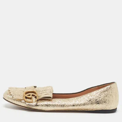 Pre-owned Gucci Marmont Size 38 Gold Foil Fringe Leather Flats