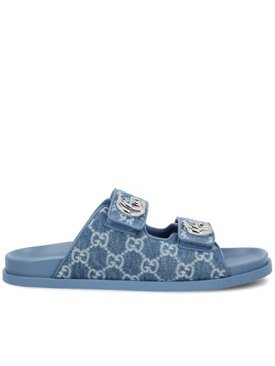 Gucci Women Laser Gg Denim Sandals With All-over Gg Motif In Blue