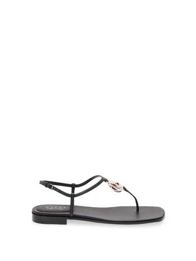 Gucci Gg Marmont Leather Thong Sandals In Black