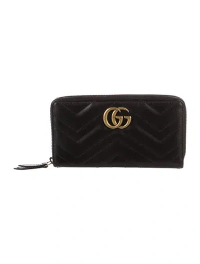 Pre-owned Gucci Marmont Zip Around Double G Logo Continental Wallet In Black