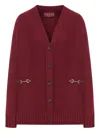 Gucci Bordeaux V-neck Cardigan With Metal Clamps On The Front In Wool And Cashmere Blend Woman In Burgundy
