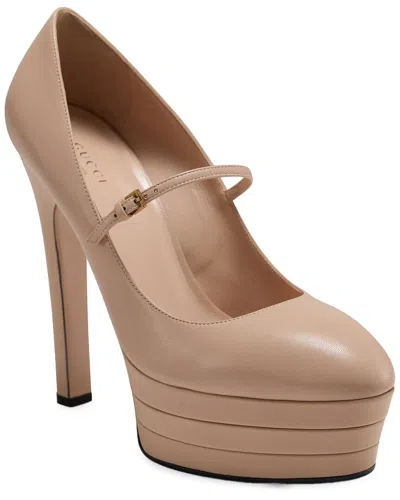Gucci Mary Jane Leather Pump In Beige