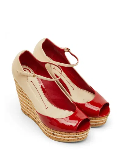 Pre-owned Gucci Mary Jane Wedge Peep-toe Pumps In Neutral