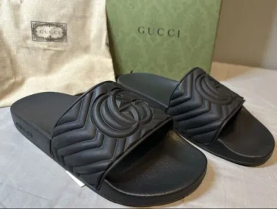 Pre-owned Gucci Matelasse Quilted Gg Black Rubber Slides Men's Size 10 (us 10.5) Authentic