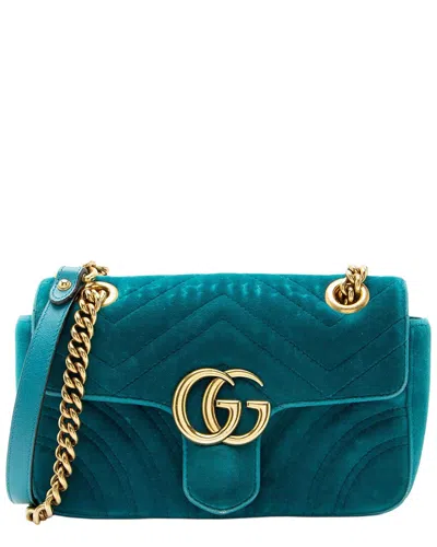 Gucci Matelassé Velvet Gg Marmont Small Flap Bag (authentic Pre-loved) In Blue