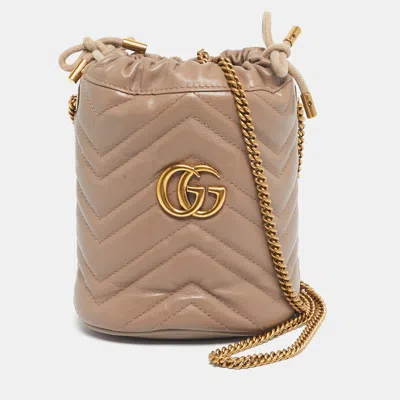 Pre-owned Gucci Mauve Matelassé Leather Mini Gg Marmont Bucket Bag In Pink