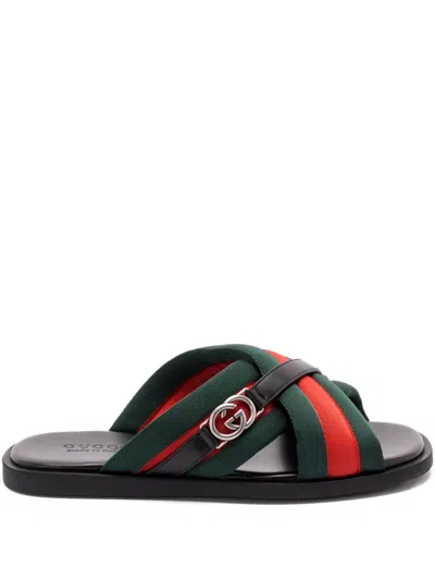 Gucci Men Sandals With Web Detail And Gg Incrocio In Animal Print