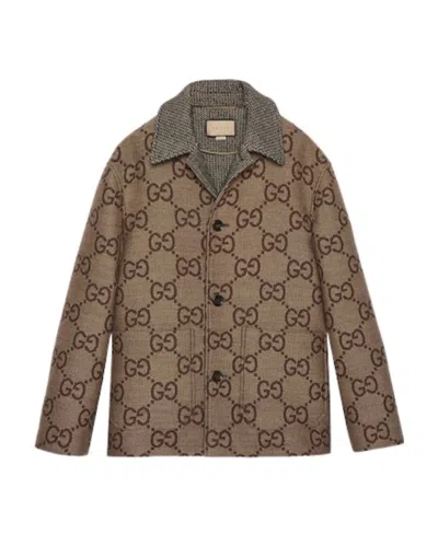 Gucci Maxi Gg-jacquard Wool Overshirt In Beige