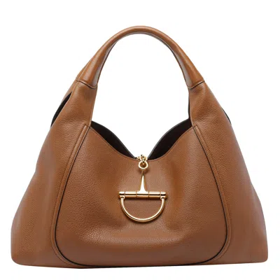 Gucci Brown Softbit Grained Calf Leather Shoulder Bag In Nude