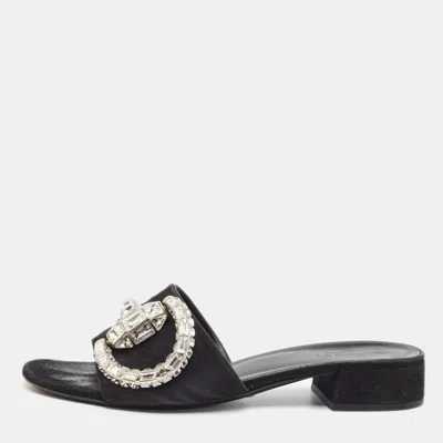 Pre-owned Gucci Maxime Size 38 Black Suede Crystal Embellished Slide Sandals