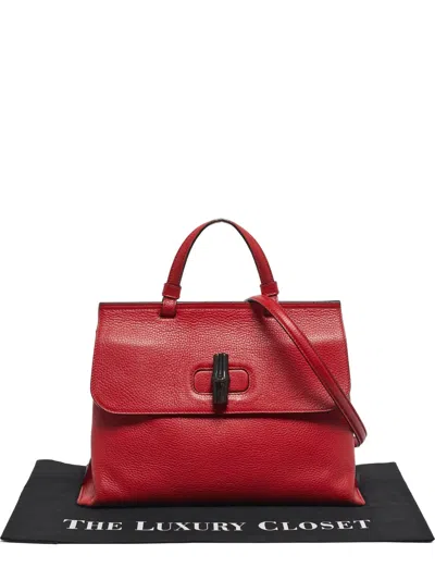 Pre-owned Gucci Medium Bamboo Daily Leather Tote Bag In Red